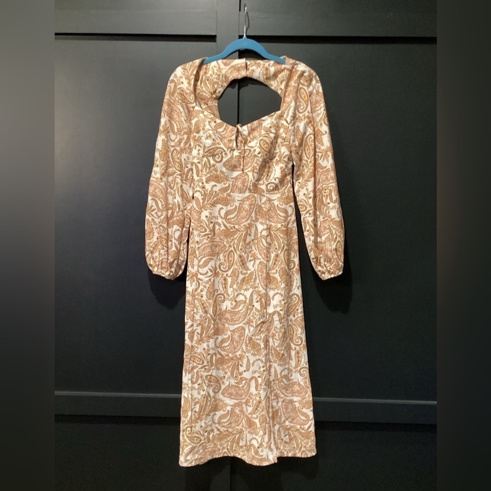 Wayf Gold brown and White Paisley midi Dress long sleeve bohemian chic xs
